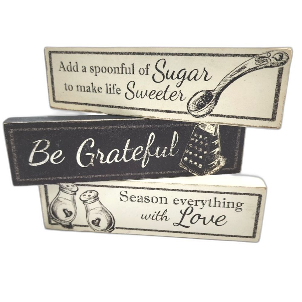 Young's Kitchen Themed Black‎ & Beige Hang/Stand Plaque Trio 7"X2X"0.75" Each